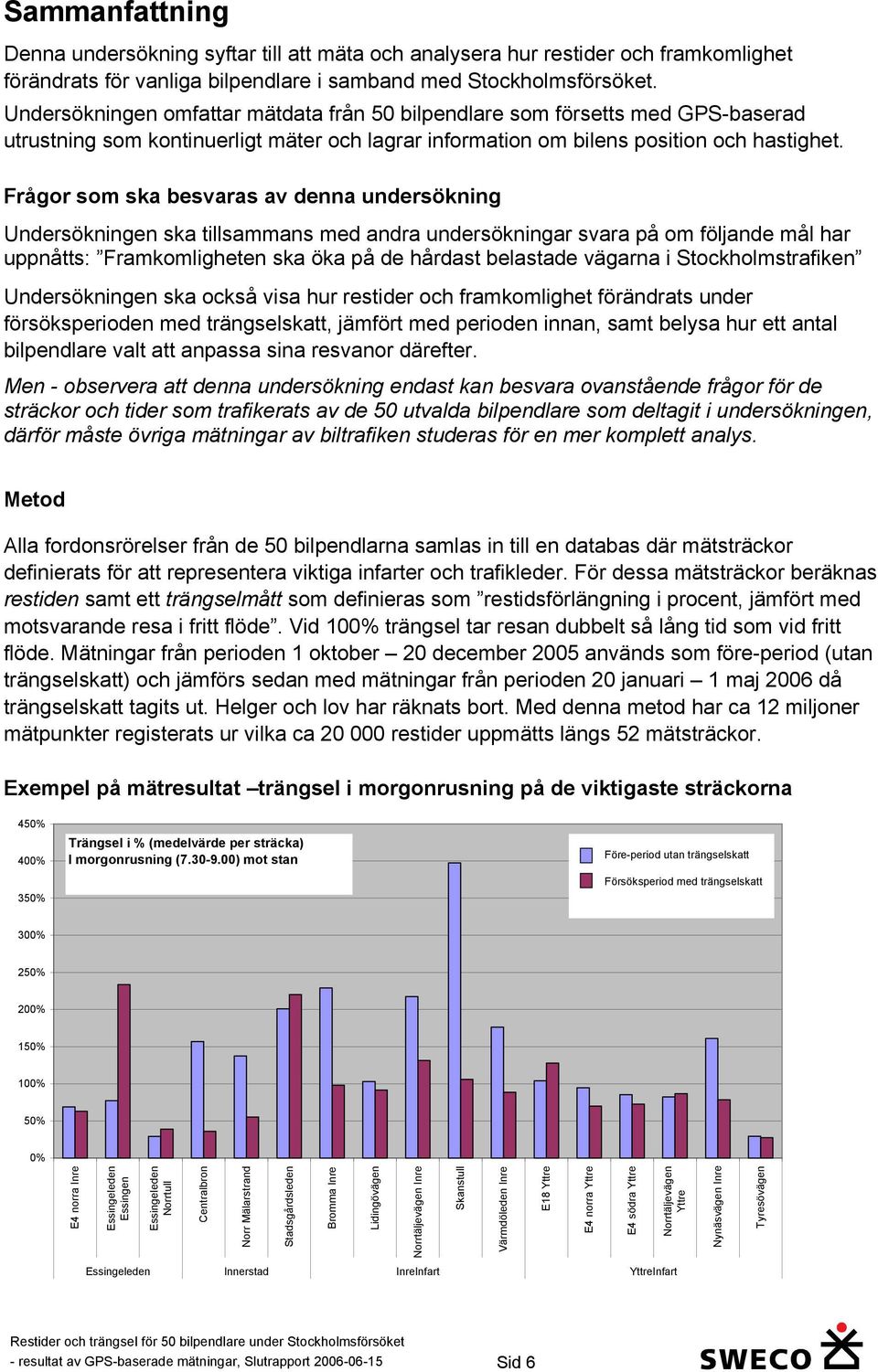 Frågor som ska besvaras av denna undersökning Undersökningen ska tillsammans med andra undersökningar svara på om följande mål har uppnåtts: Framkomligheten ska öka på de hårdast belastade vägarna i