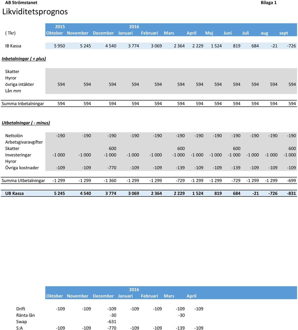Utbetalningar ( - minus) Nettolön -190-190 -190-190 -190-190 -190-190 -190-190 -190-190 Arbetsgivaravgifter Skatter 600 600 600 600 Investeringar -1 000-1 000-1 000-1 000-1 000-1 000-1 000-1 000-1