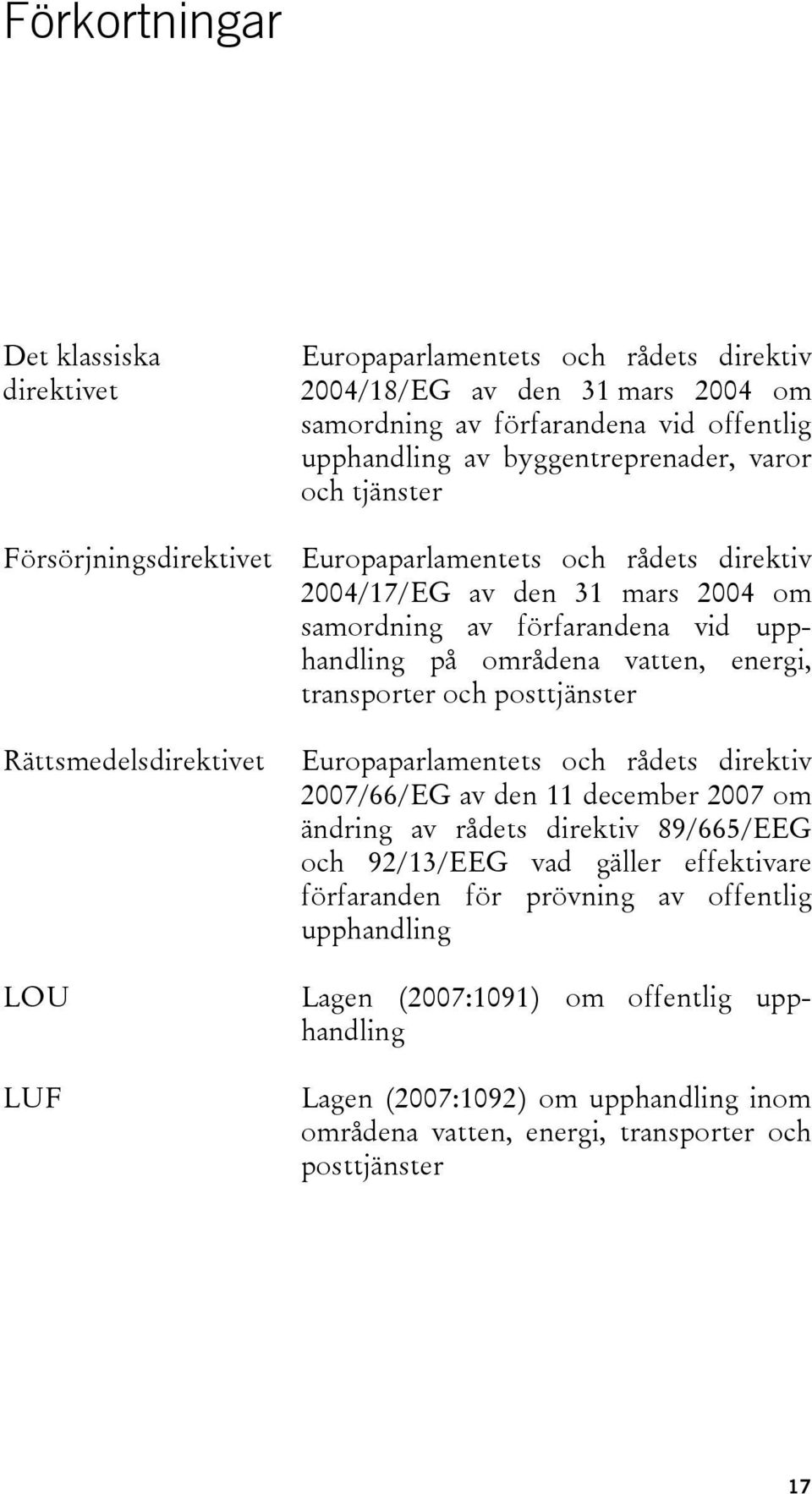 och posttjänster Rättsmedelsdirektivet LOU LUF Europaparlamentets och rådets direktiv 2007/66/EG av den 11 december 2007 om ändring av rådets direktiv 89/665/EEG och 92/13/EEG vad gäller