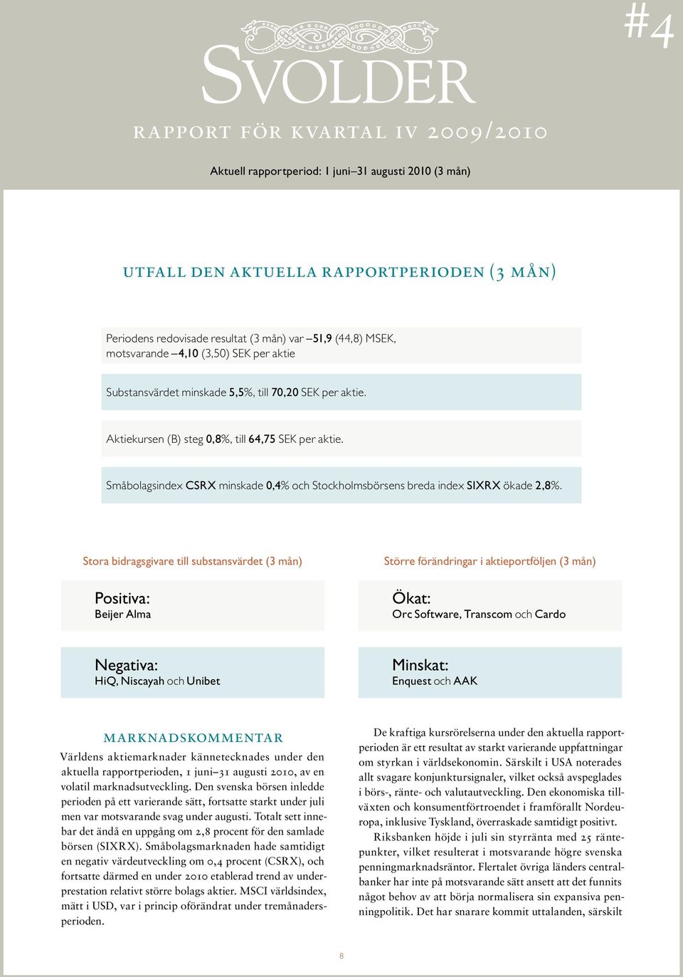 Stora bidragsgivare till substansvärdet () Positiva: Beijer Alma Större förändringar i aktieportföljen () Ökat: Orc Software, Transcom och Cardo Negativa: HiQ, Niscayah och Unibet Minskat: Enquest