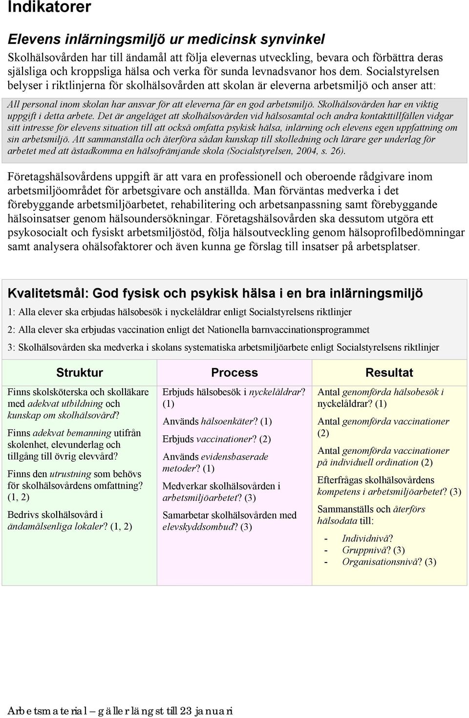 Socialstyrelsen belyser i riktlinjerna för skolhälsovården att skolan är eleverna arbetsmiljö och anser att: All personal inom skolan har ansvar för att eleverna får en god arbetsmiljö.