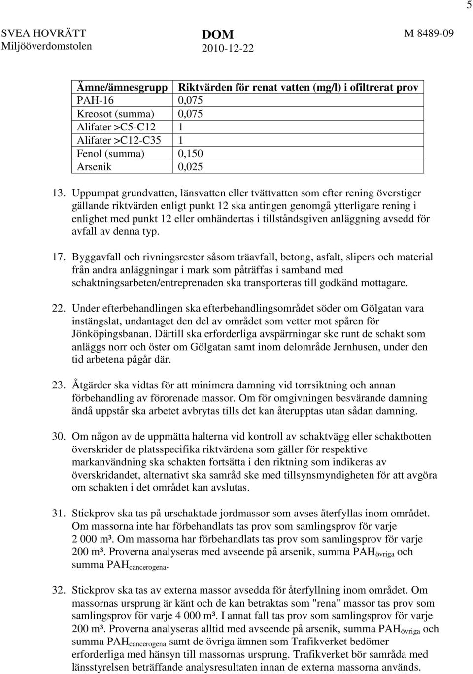 Uppumpat grundvatten, länsvatten eller tvättvatten som efter rening överstiger gällande riktvärden enligt punkt 12 ska antingen genomgå ytterligare rening i enlighet med punkt 12 eller omhändertas i