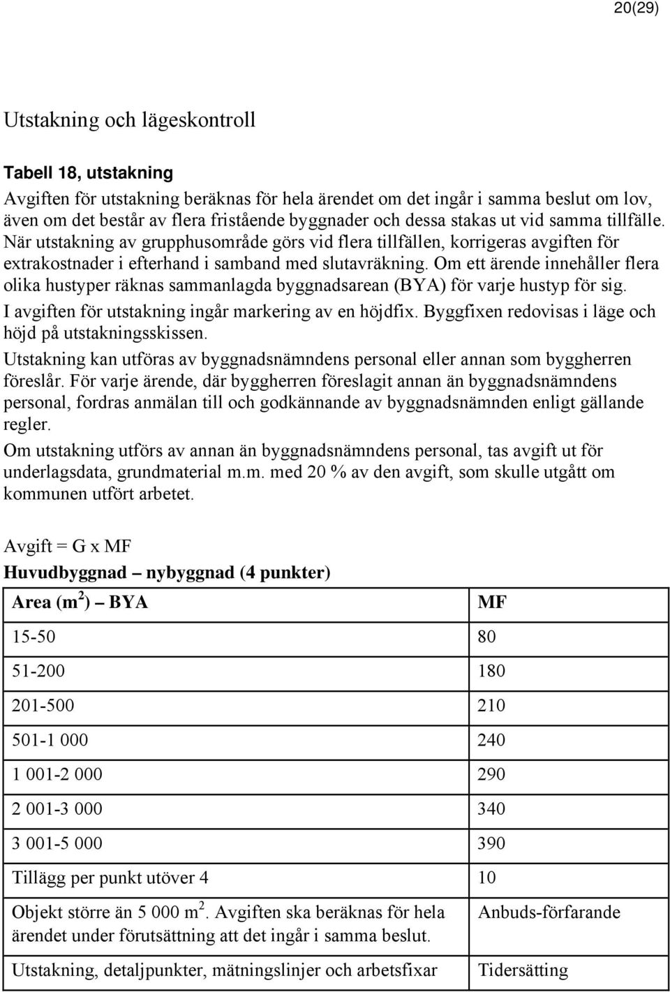 Om ett ärende innehåller flera olika hustyper räknas sammanlagda byggnadsarean (BYA) för varje hustyp för sig. I avgiften för utstakning ingår markering av en höjdfix.