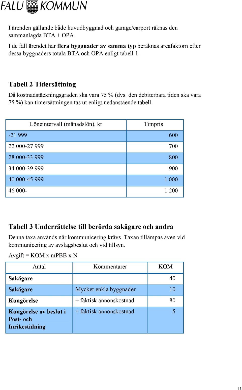 den debiterbara tiden ska vara 75 %) kan timersättningen tas ut enligt nedanstående tabell.