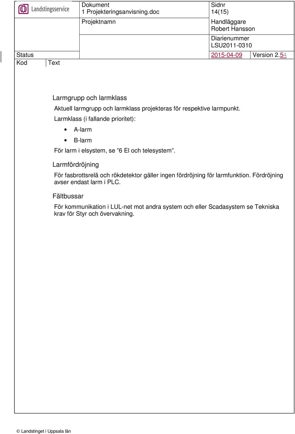 Larmfördröjning För fasbrottsrelä och rökdetektor gäller ingen fördröjning för larmfunktion.