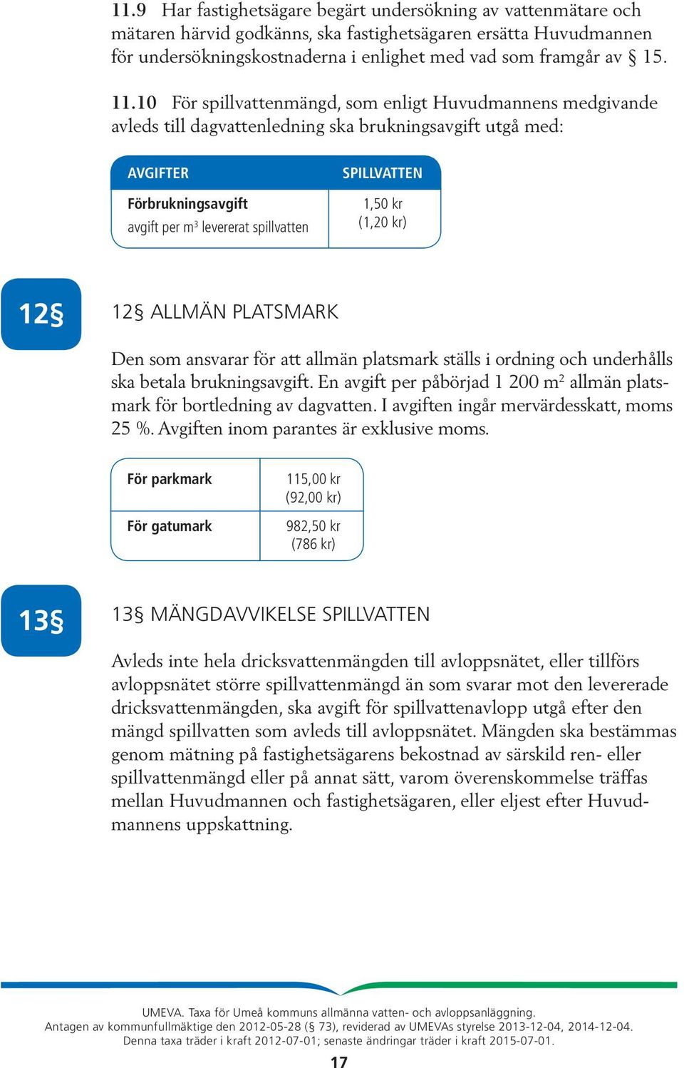 1,50 kr (1,20 kr) 12 12 ALLMÄN PLATSMARK Den som ansvarar för att allmän platsmark ställs i ordning och underhålls ska betala brukningsavgift.