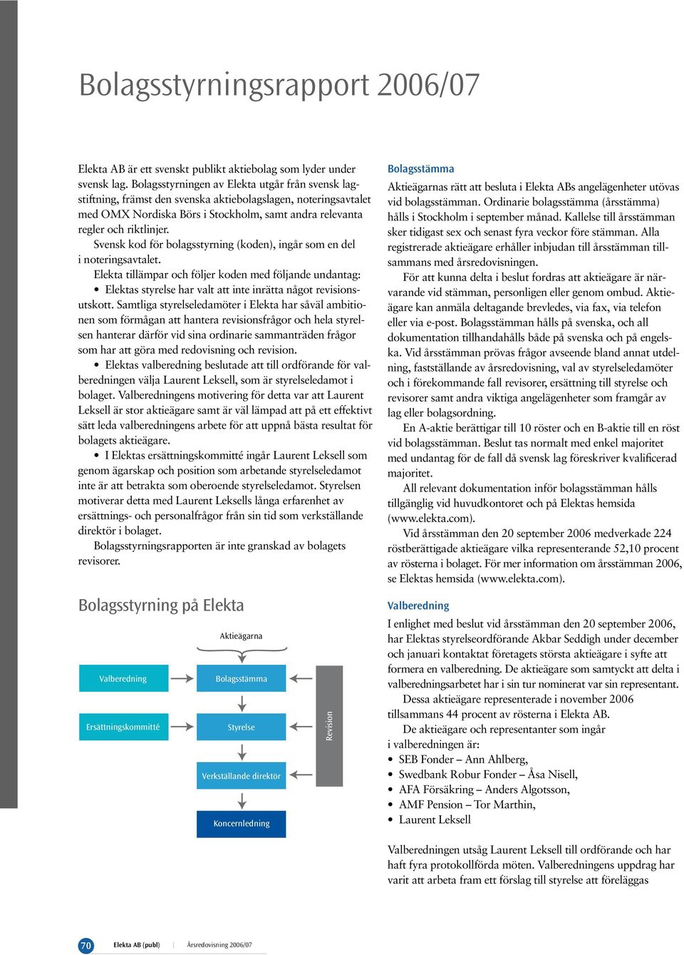 Svensk kod för bolagsstyrning (koden), ingår som en del i noteringsavtalet. Elekta tillämpar och följer koden med följande undantag: Elektas styrelse har valt att inte inrätta något revisionsutskott.