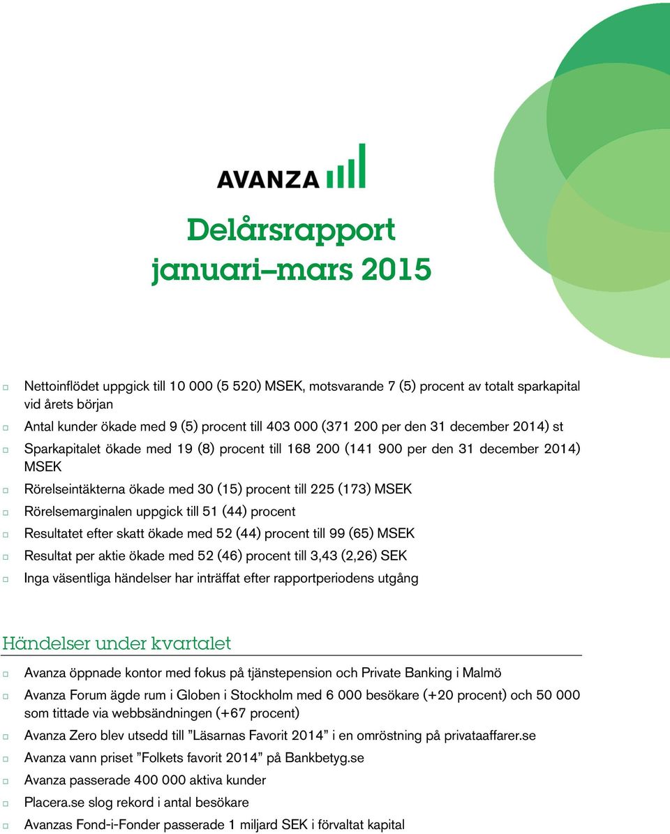 uppgick till 51 (44) procent Resultatet efter skatt ökade med 52 (44) procent till 99 (65) MSEK Resultat per aktie ökade med 52 (46) procent till 3,43 (2,26) SEK Inga väsentliga händelser har