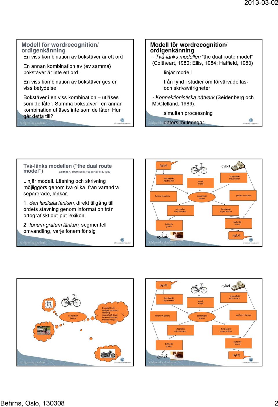 Modell för wordrecognition/ ordigenkänning - Två-länks modellen the dual route model (Coltheart, 1980; Ellis, 1984; Hatfield, 1983) linjär modell från fynd i studier om förvärvade läsoch