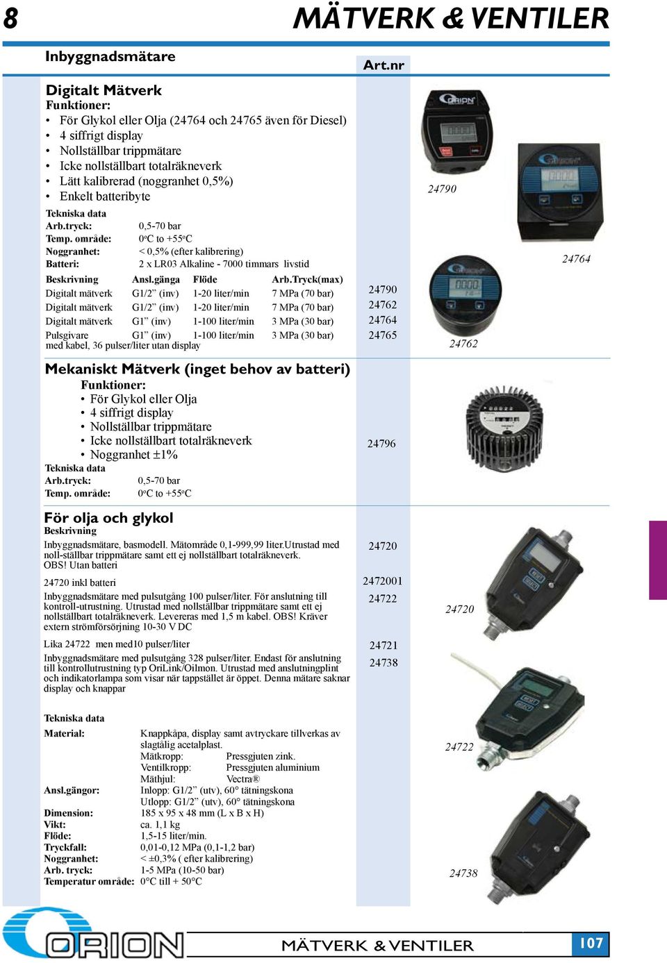 Tryck(max) Digitalt mätverk G1/2 (inv) 1-20 liter/min 7 MPa (70 bar) Digitalt mätverk G1/2 (inv) 1-20 liter/min 7 MPa (70 bar) Digitalt mätverk G1 (inv) 1-100 liter/min 3 MPa (30 bar) Pulsgivare G1