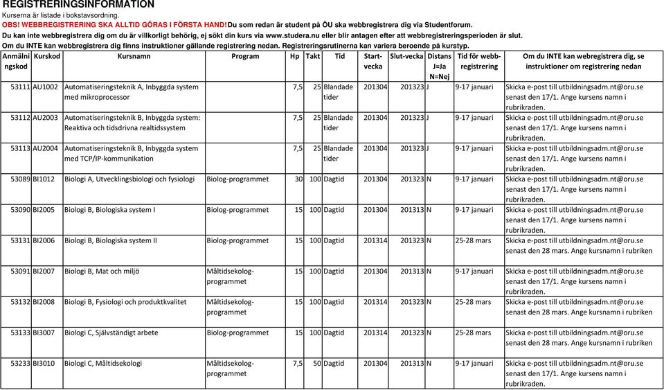 Om du INTE kan webbregisrera dig finns insrukioner gällande regisrering nedan. Regisreringsruinerna kan variera beroende på kursyp.