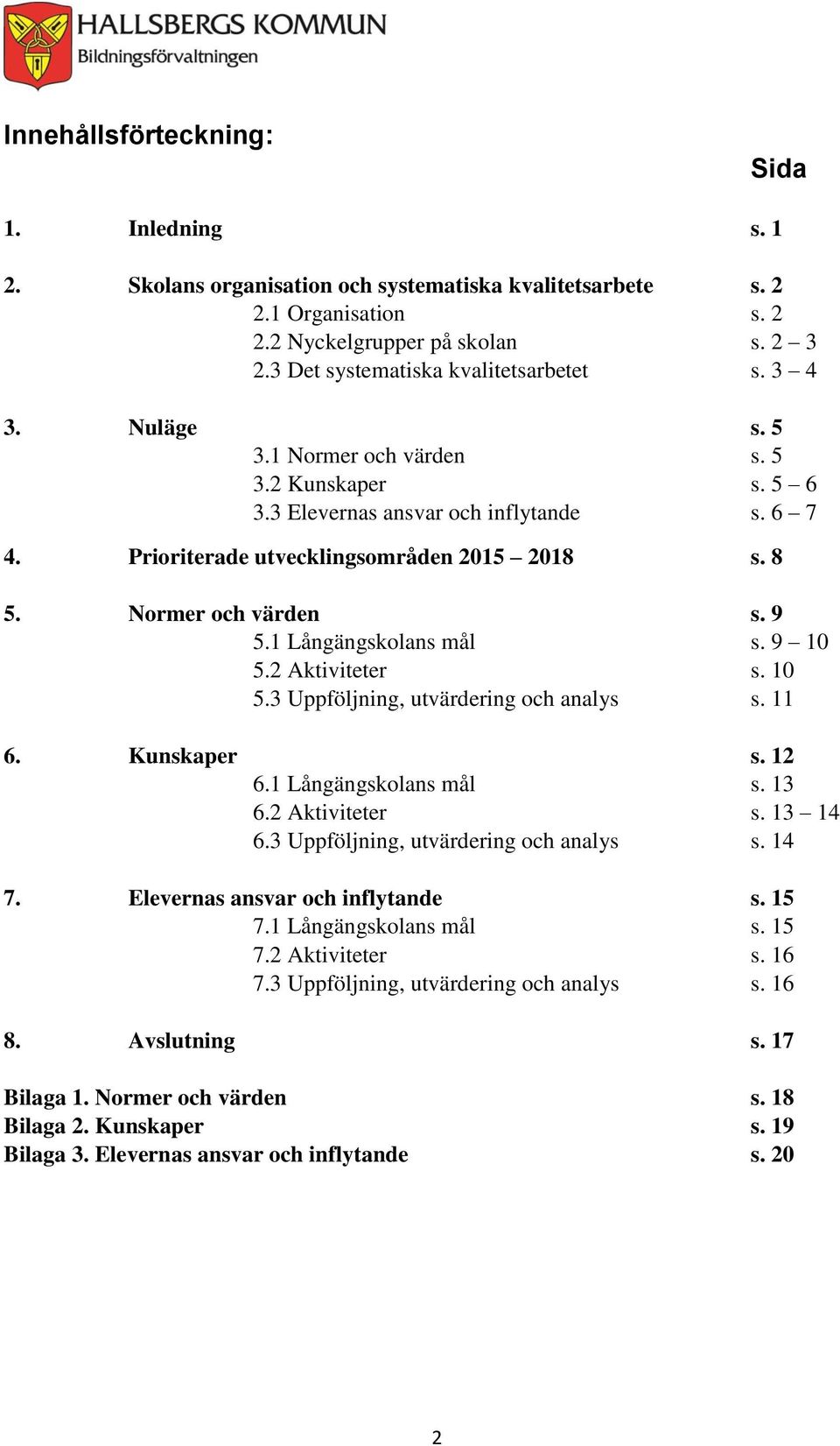 8 5. Normer och värden s. 9 5.1 Långängskolans mål s. 9 10 5.2 Aktiviteter s. 10 5.3 Uppföljning, utvärdering och analys s. 11 6. Kunskaper s. 12 6.1 Långängskolans mål s. 13 6.2 Aktiviteter s. 13 14 6.