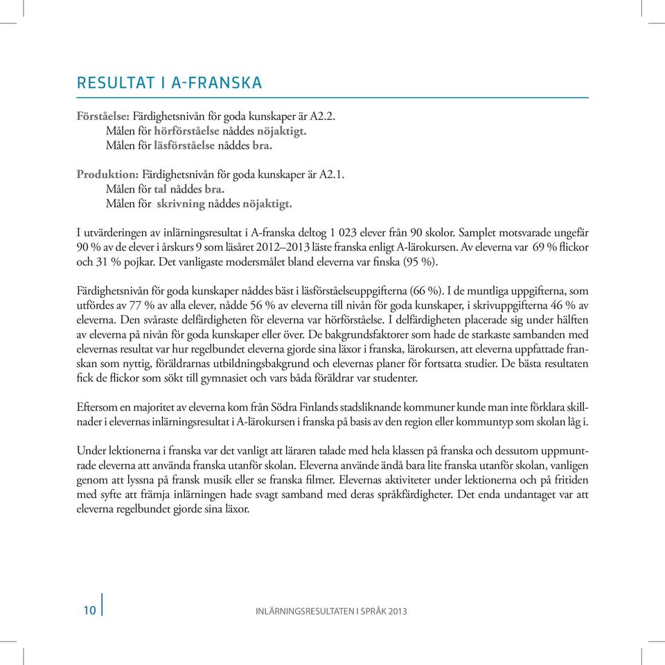 I utvärderingen av inlärningsresultat i A-franska deltog 1 23 elever från 9 skolor. Samplet motsvarade ungefär 9 % av de elever i årskurs 9 som läsåret 12 13 läste franska enligt A-lärokursen.