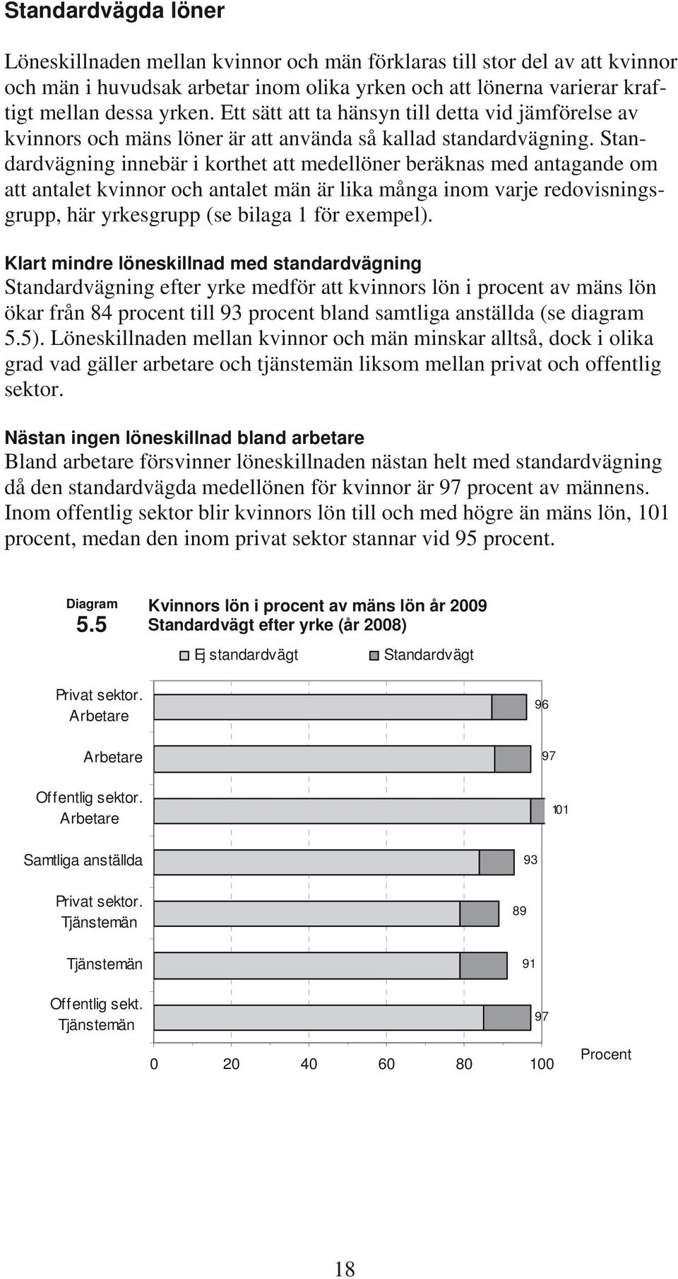 Standardvägning innebär i korthet att medellöner beräknas med antagande om att antalet kvinnor och antalet män är lika många inom varje redovisningsgrupp, här yrkesgrupp (se bilaga 1 för exempel).