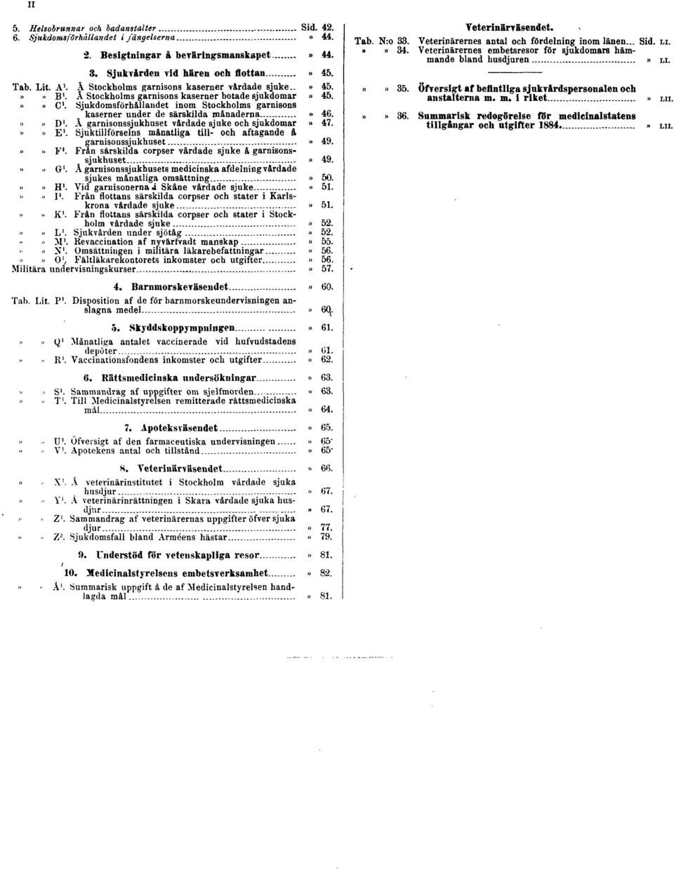 Sjukdomsförhållandet inom Stockholms garnisons kaserner under de särskilda månaderna» 46.»» D 1. Å garnisonssjukhuset vårdade sjuke och sjukdomar» 47.» E 1.