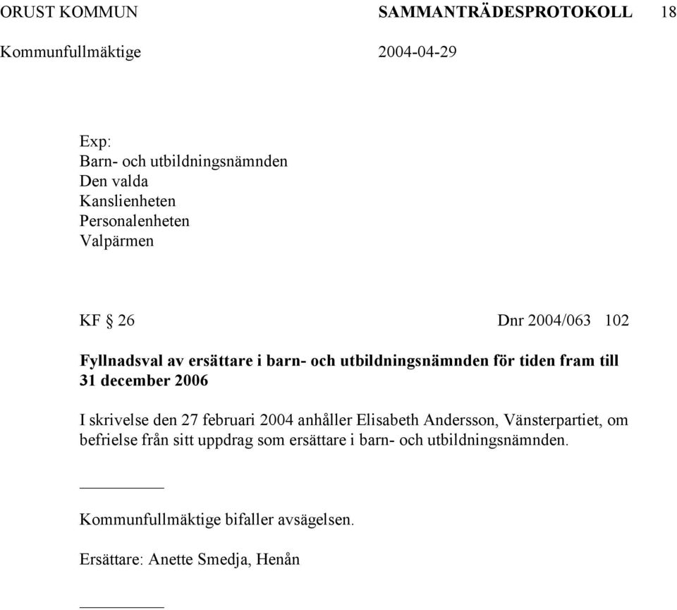 december 2006 I skrivelse den 27 februari 2004 anhåller Elisabeth Andersson, Vänsterpartiet, om befrielse från sitt
