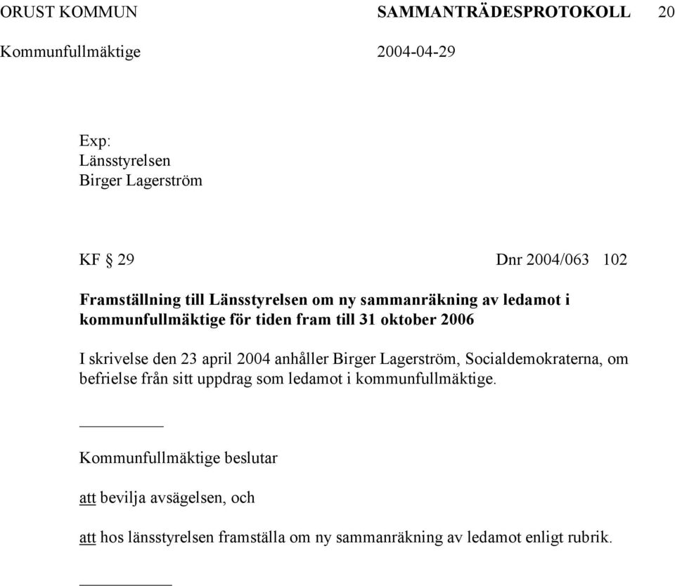 april 2004 anhåller Birger Lagerström, Socialdemokraterna, om befrielse från sitt uppdrag som ledamot i kommunfullmäktige.