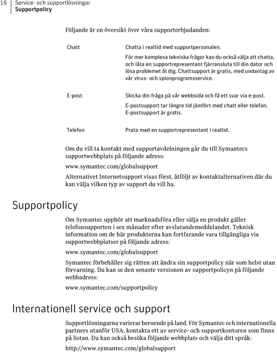 Chattsupport är gratis, med undantag av vår virus- och spionprogramsservice. E-post Skicka din fråga på vår webbsida och få ett svar via e-post.