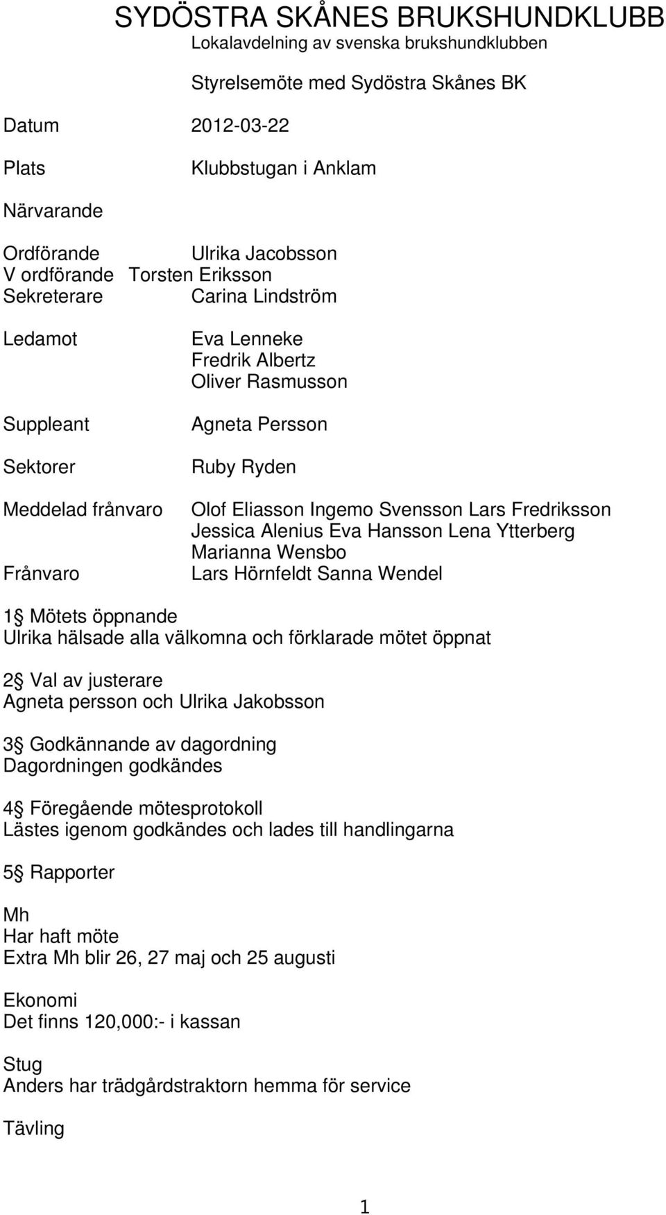 Svensson Lars Fredriksson Jessica Alenius Eva Hansson Lena Ytterberg Marianna Wensbo Lars Hörnfeldt Sanna Wendel 1 Mötets öppnande Ulrika hälsade alla välkomna och förklarade mötet öppnat 2 Val av