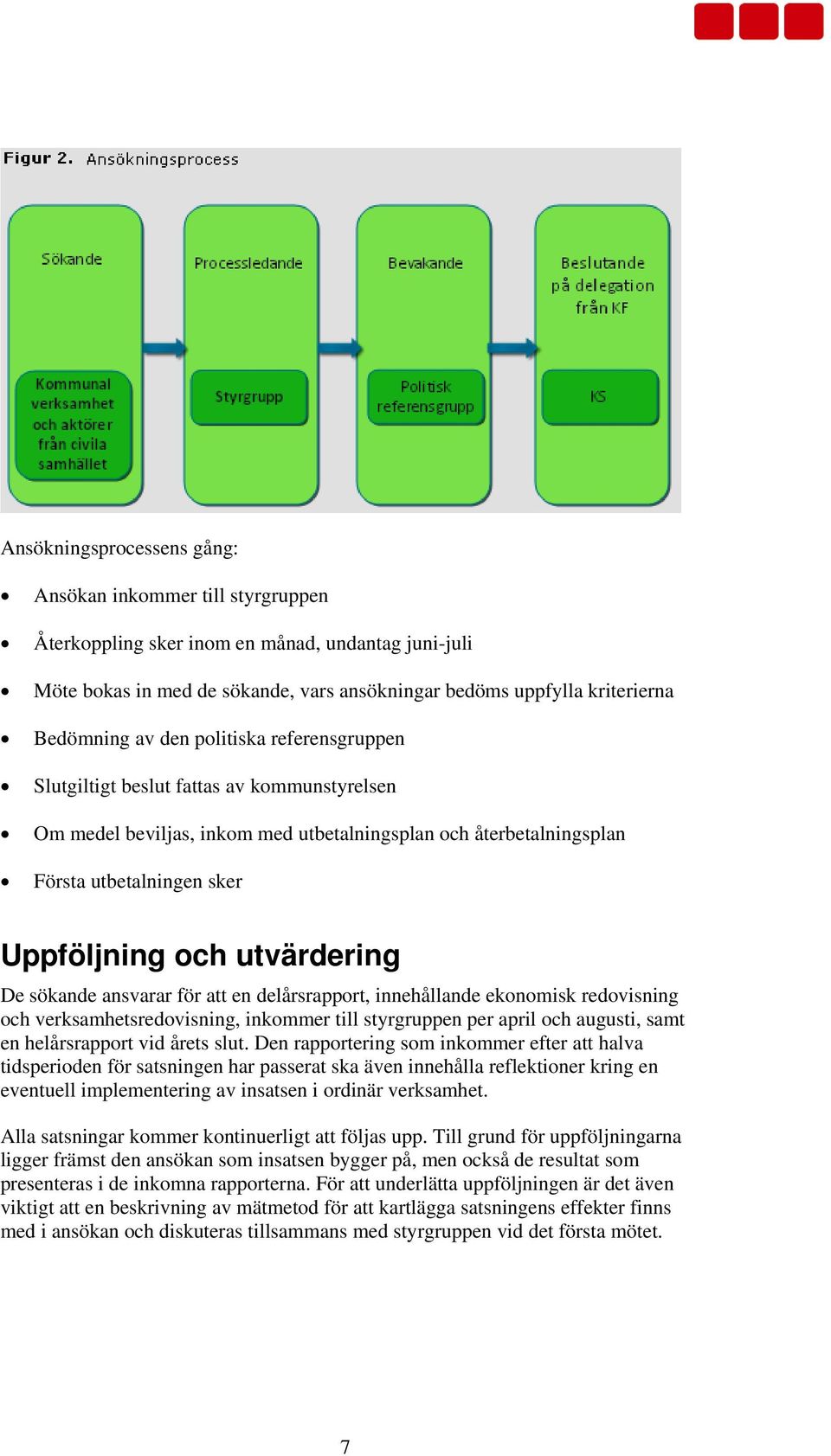 utvärdering De sökande ansvarar för att en delårsrapport, innehållande ekonomisk redovisning och verksamhetsredovisning, inkommer till styrgruppen per april och augusti, samt en helårsrapport vid