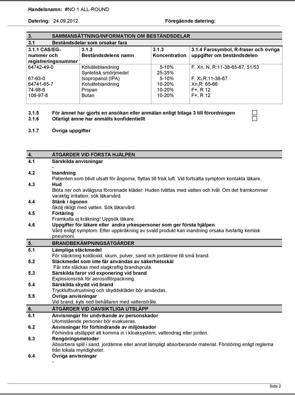 1.6 Ofarligt ämne har anmälts konfidentiellt 3.1.7 Övriga uppgifter 4. ÅTGÄRDER VID FÖRSTA HJÄLPEN 4.1 Särskilda anvisningar 4.