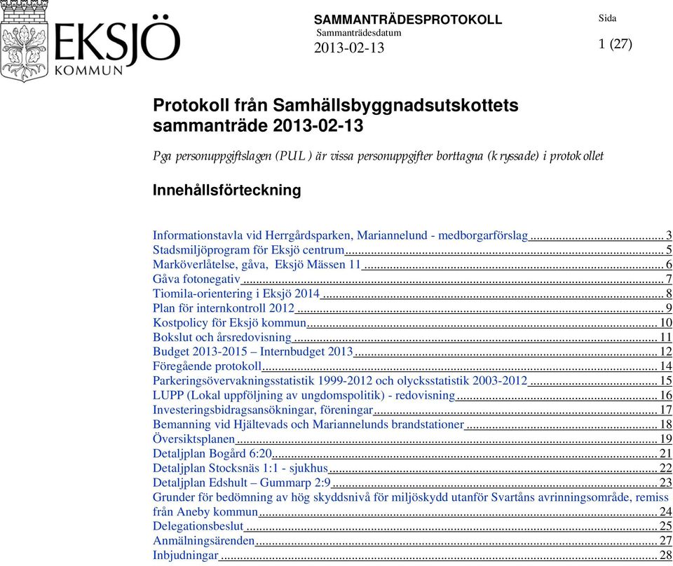 .. 7 Tiomila-orientering i Eksjö 2014... 8 Plan för internkontroll 2012... 9 Kostpolicy för Eksjö kommun... 10 Bokslut och årsredovisning... 11 Budget 2013-2015 Internbudget 2013.