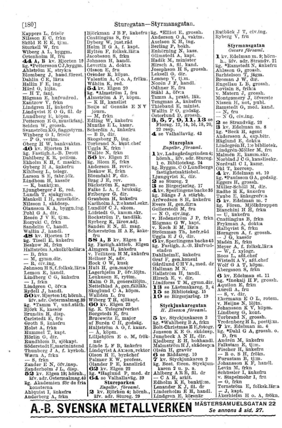 44 A, B kv. Hjorten 19 Johnson H, hand!. Hadik :l\1,minister äg. "PetterssonCJ,byggm. Levertin A, dokt:a Hirsch A, fil. kand. Ahlström K, stryk.a Olsson E, fru Josephson H S, grossh. Blomberg J, hand.