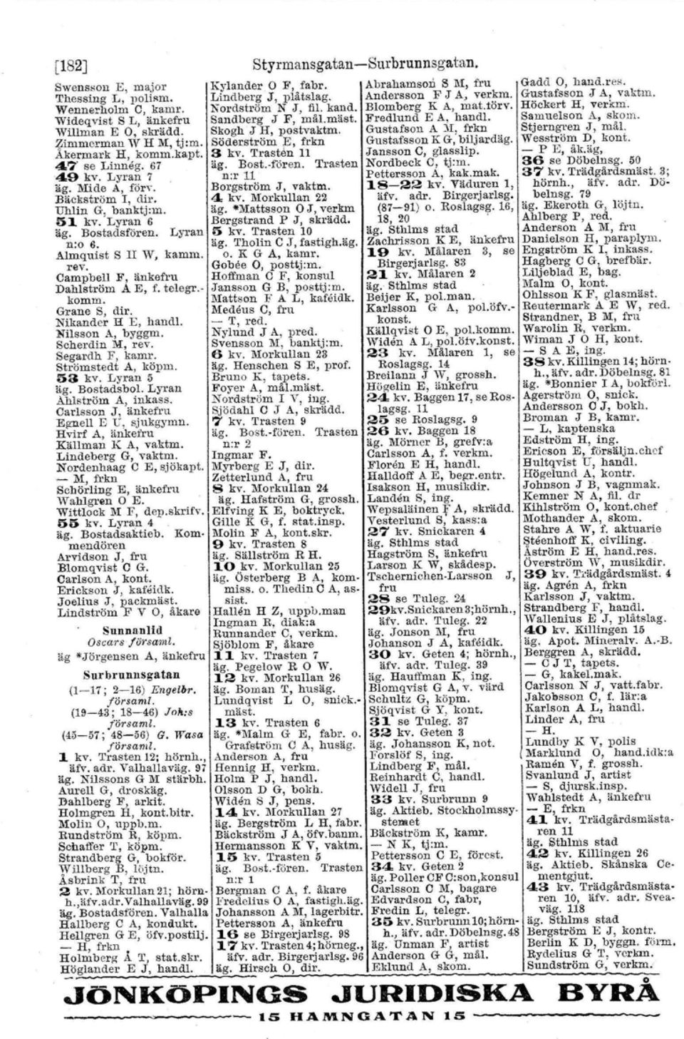 - :M, frkn Scbörling E, änkefru Wahlgren E. Wittlock M F, dep.skrifv. 55 kv. Lyran 4 Korn- äg. Bostadsaktieb. mendören Arvidson JJ fru Blom qviet C G. Carlson A, kont. Almquist S Il W, karrim. rev.