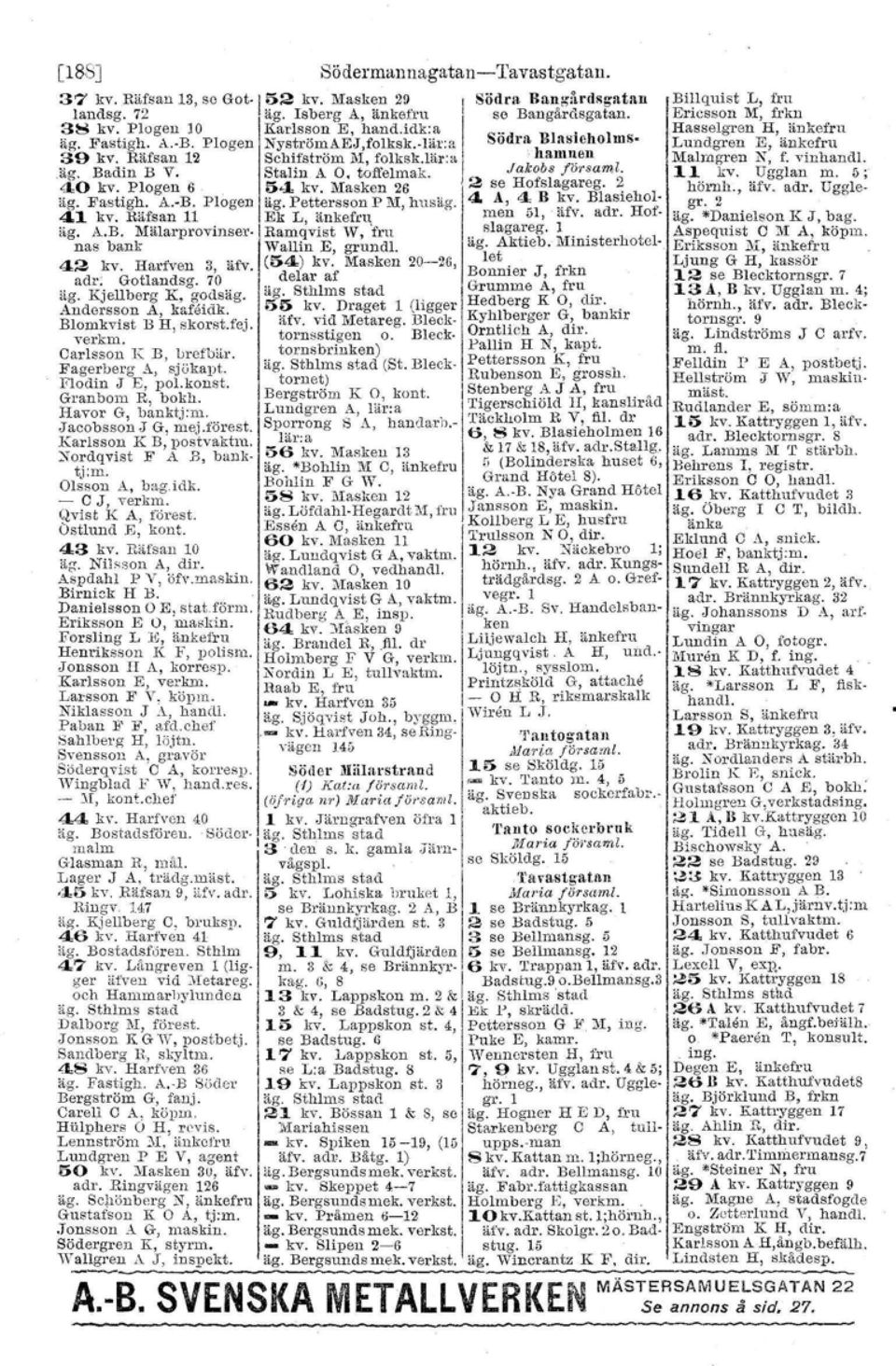 iär;a hanll~en Malmgren N, f. vtnliandl. äg, Badin B V. Stalin A O. toffelmak. J... Jakobs forsaml. 11 kv. Ugglan m, [I; 40 kv. Plogen 6 54 kv. Masken 26 2 se Hofslagareg. ~ hörnh., äfv, adr. Uggleäg.