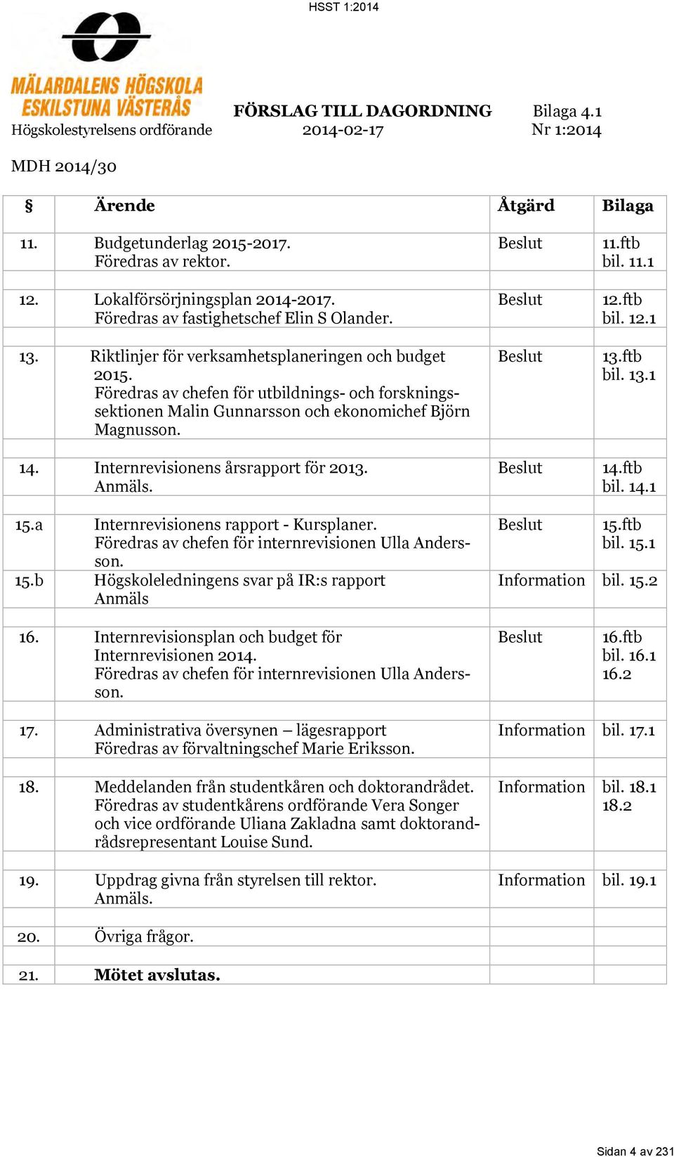 Föredras av chefen för utbildnings- och forskningssektionen Malin Gunnarsson och ekonomichef Björn Magnusson. 14. Internrevisionens årsrapport för 2013. Anmäls. Beslut Beslut Beslut Beslut 11.ftb bil.