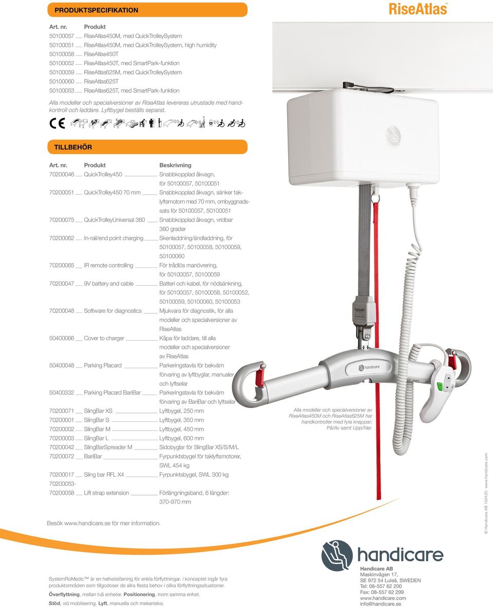 RiseAtlas625M, med QuickTrolleySystem 50100060 RiseAtlas625T 50100053 RiseAtlas625T, med SmartPark-funktion Alla modeller och specialversioner av RiseAtlas levereras utrustade med handkontroll och