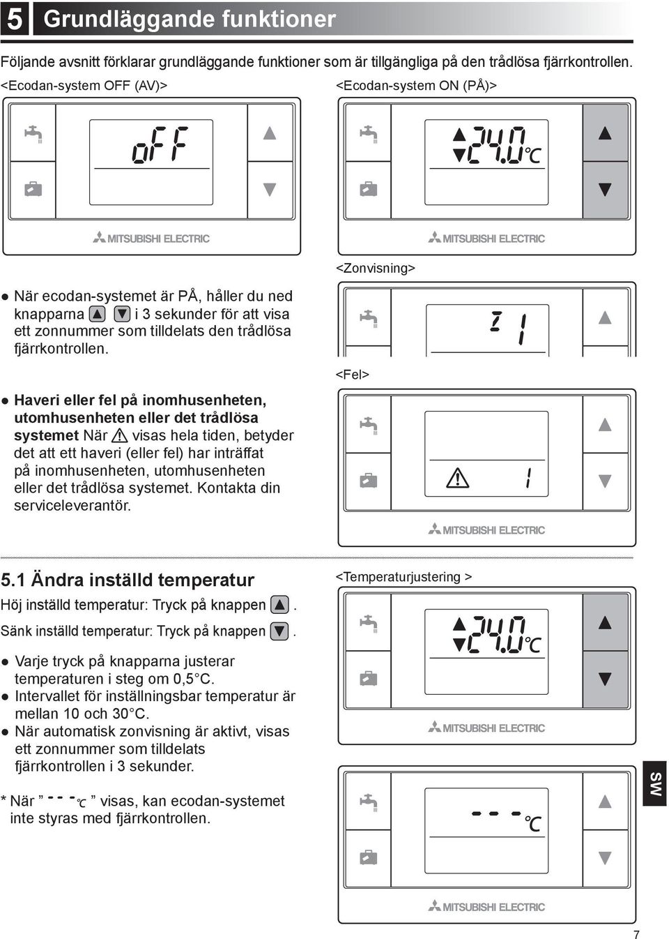 Haveri eller fel på inomhusenheten, utomhusenheten eller det trådlösa systemet När visas hela tiden, betyder det att ett haveri (eller fel) har inträffat på inomhusenheten, utomhusenheten eller det