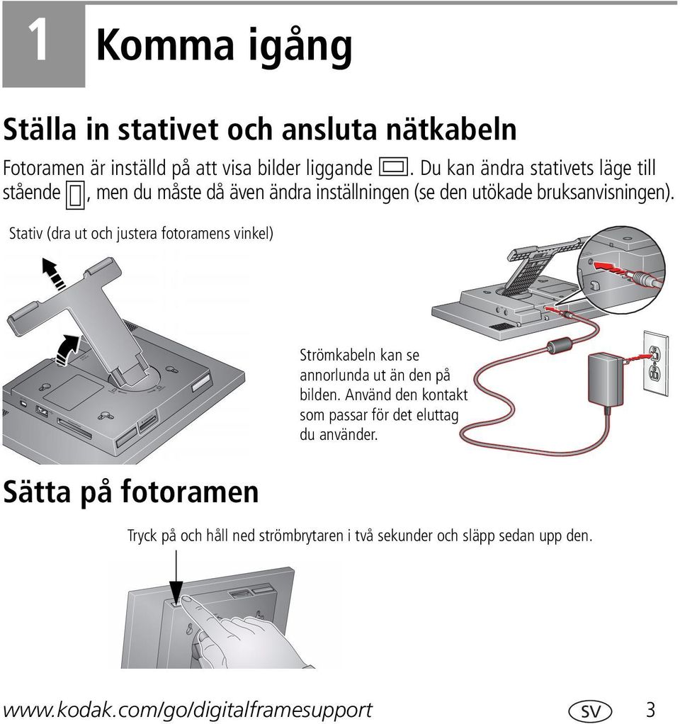 Stativ (dra ut och justera fotoramens vinkel) Sätta på fotoramen Strömkabeln kan se annorlunda ut än den på bilden.