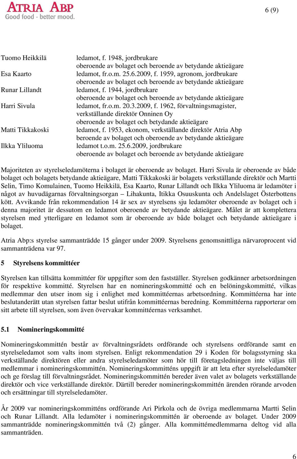 1953, ekonom, verkställande direktör Atria Abp beroende av bolaget och oberoende av betydande aktieägare ledamot t.o.m. 25.6.