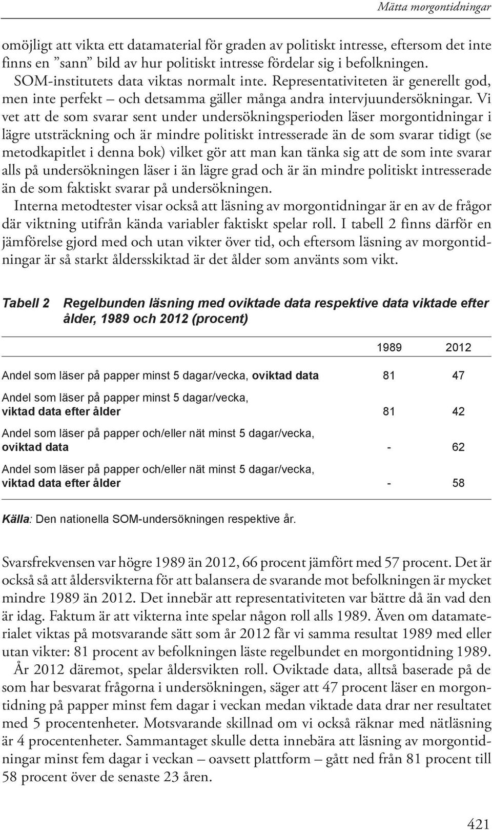 Vi vet att de som svarar sent under undersökningsperioden läser morgontidningar i lägre utsträckning och är mindre politiskt intresserade än de som svarar tidigt (se metodkapitlet i denna bok) vilket