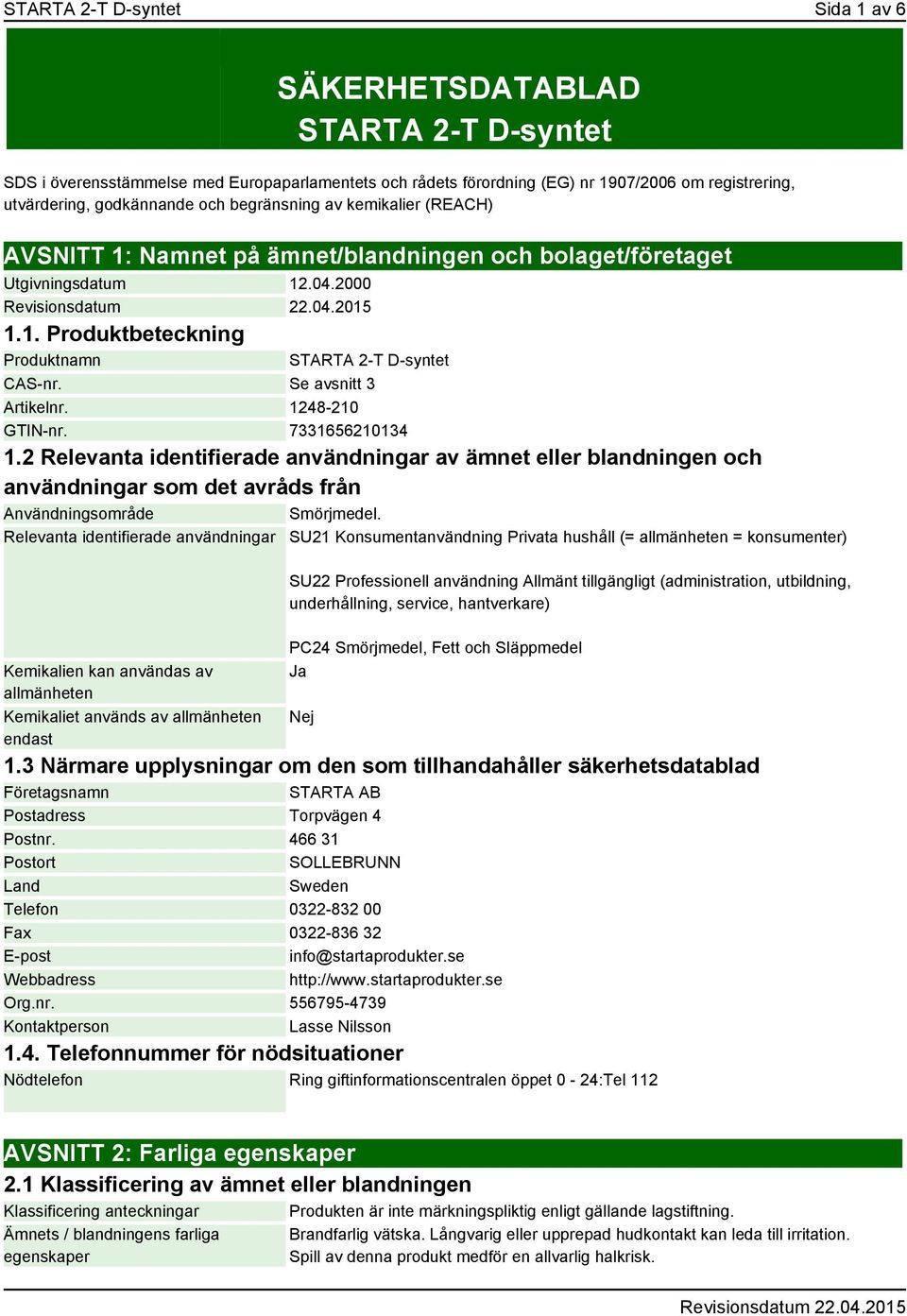 Se avsnitt 3 Artikelnr. 1248-210 GTIN-nr. 7331656210134 1.2 Relevanta identifierade användningar av ämnet eller blandningen och användningar som det avråds från Användningsområde Smörjmedel.