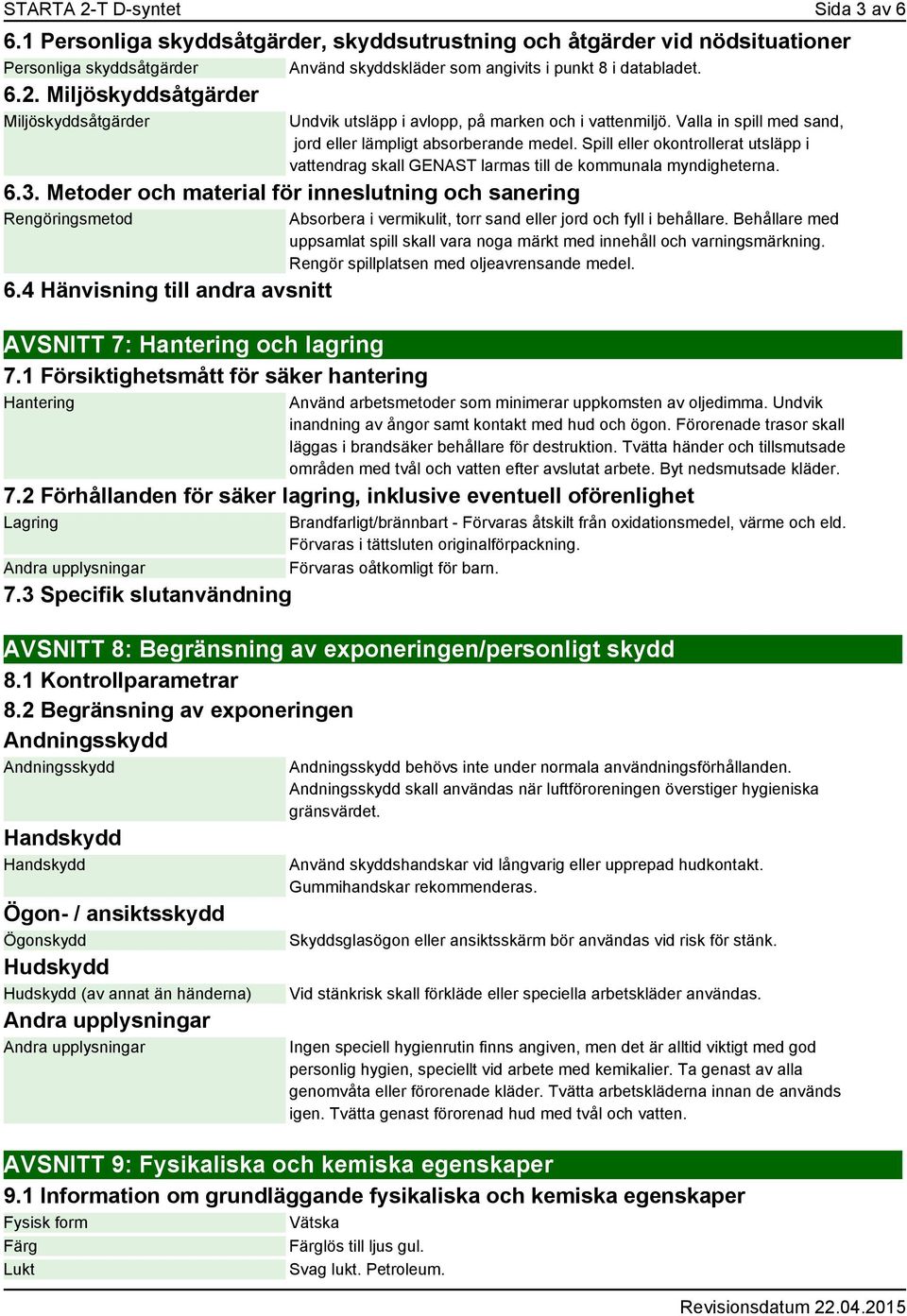 Metoder och material för inneslutning och sanering Rengöringsmetod 6.4 Hänvisning till andra avsnitt AVSNITT 7: Hantering och lagring 7.