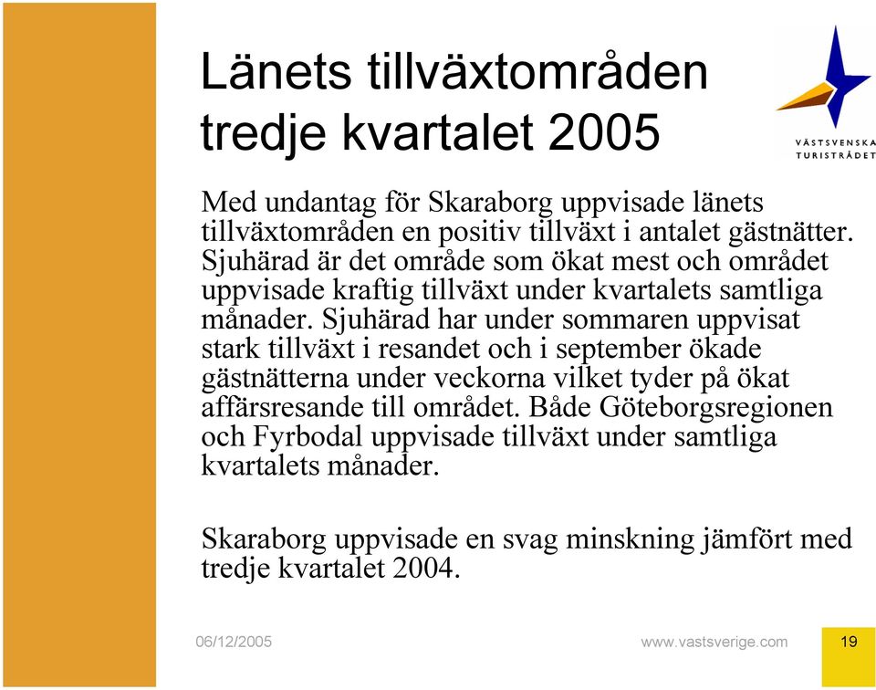 Sjuhärad har under sommaren uppvisat stark tillväxt i resandet och i september ökade gästnätterna under veckorna vilket tyder på ökat affärsresande till