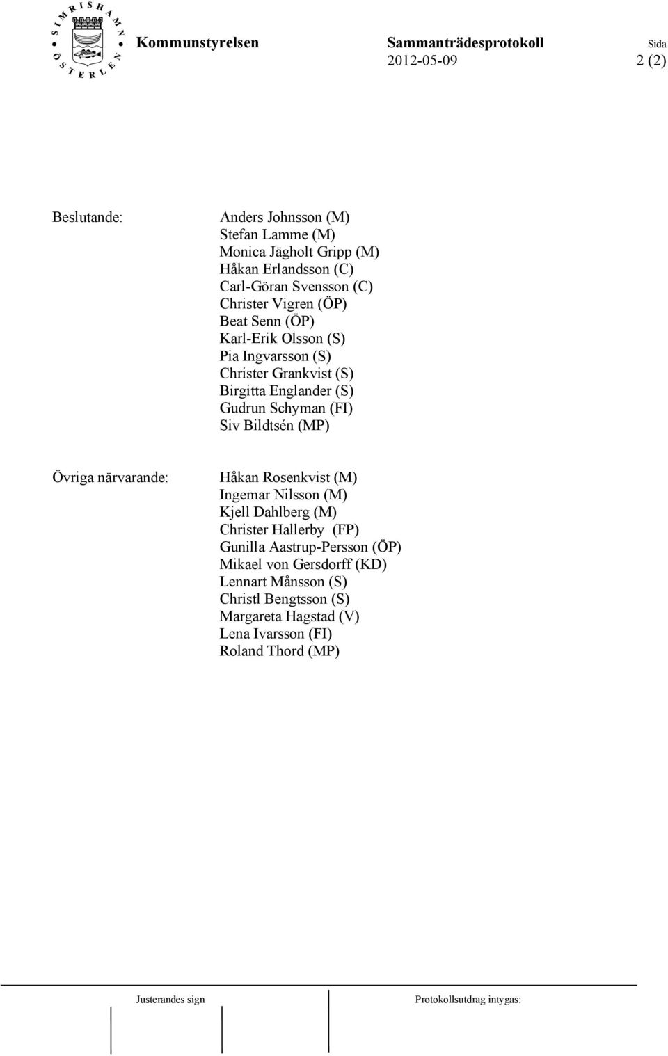 (FI) Siv Bildtsén (MP) Övriga närvarande: Håkan Rosenkvist (M) Ingemar Nilsson (M) Kjell Dahlberg (M) Christer Hallerby (FP) Gunilla