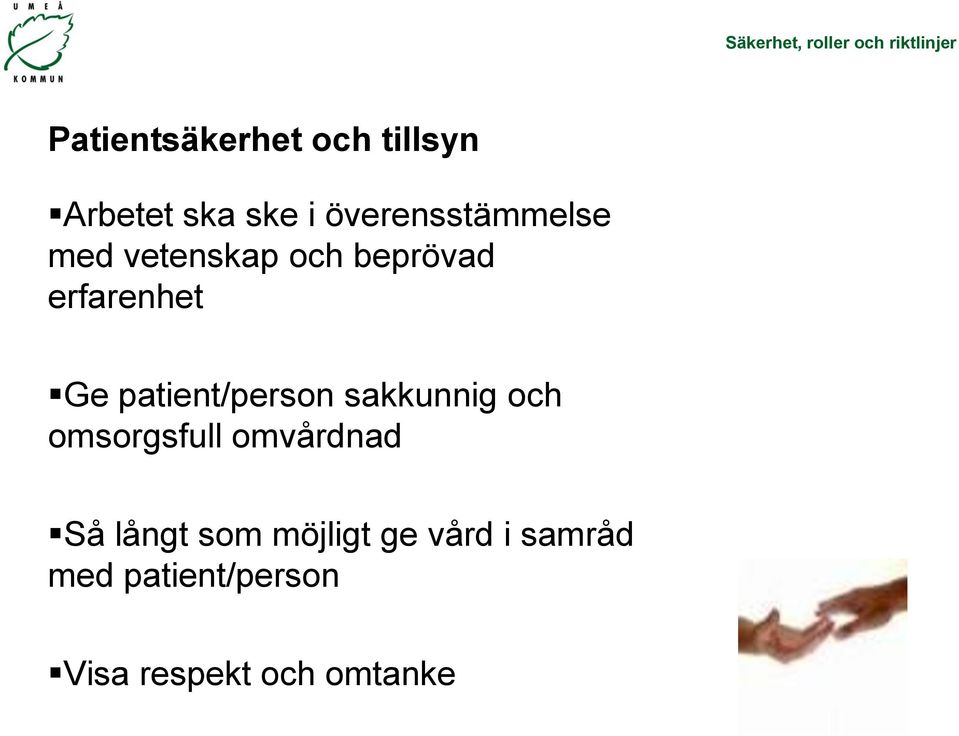 patient/person sakkunnig och omsorgsfull omvårdnad Så