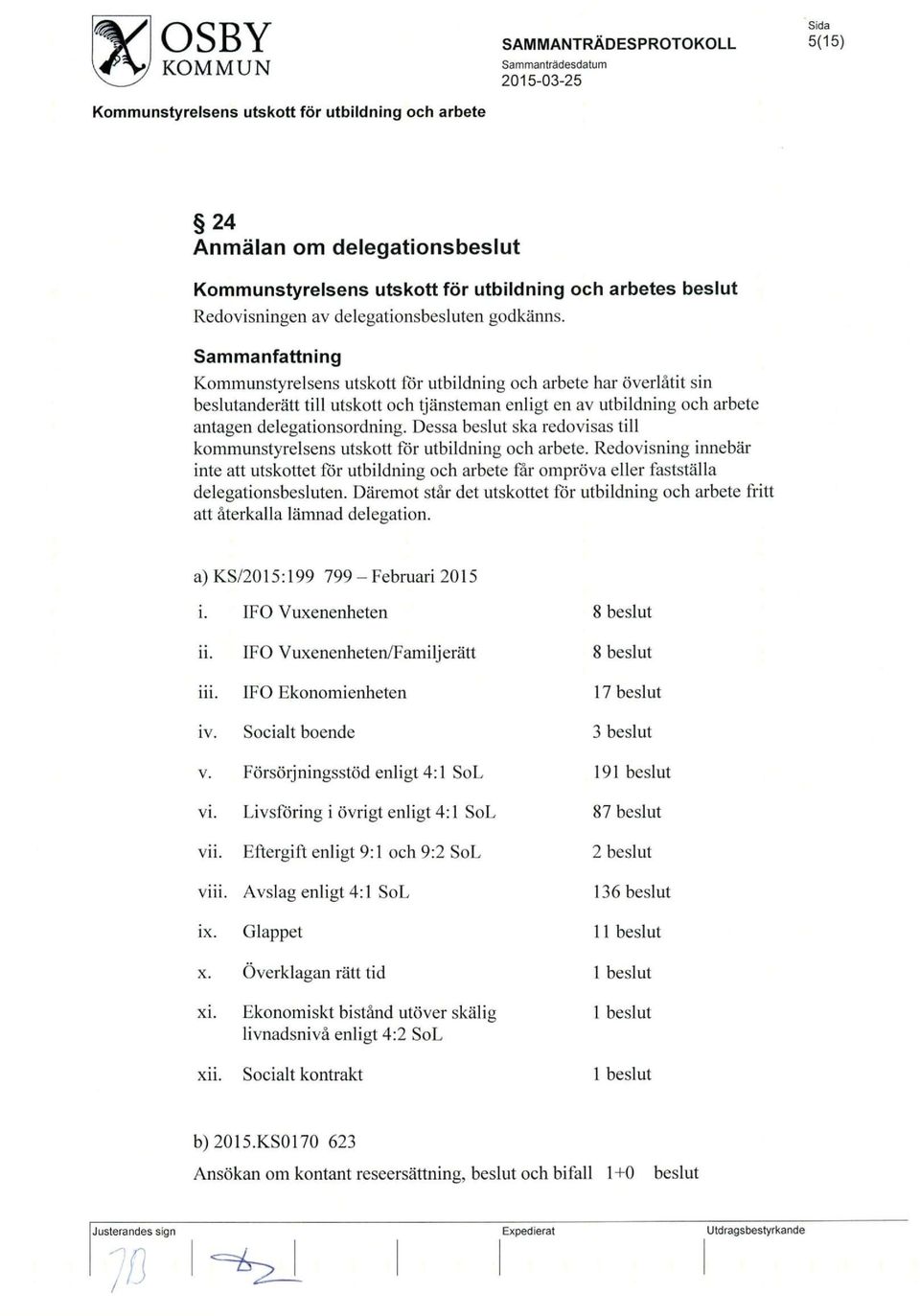 Dessa beslut ska redovisas till kommunstyrelsens utskott for utbildning och arbete. Redovisning innebar inte att utskottet for utbildning och arbete far omprova eller faststalla delegationsbesluten.