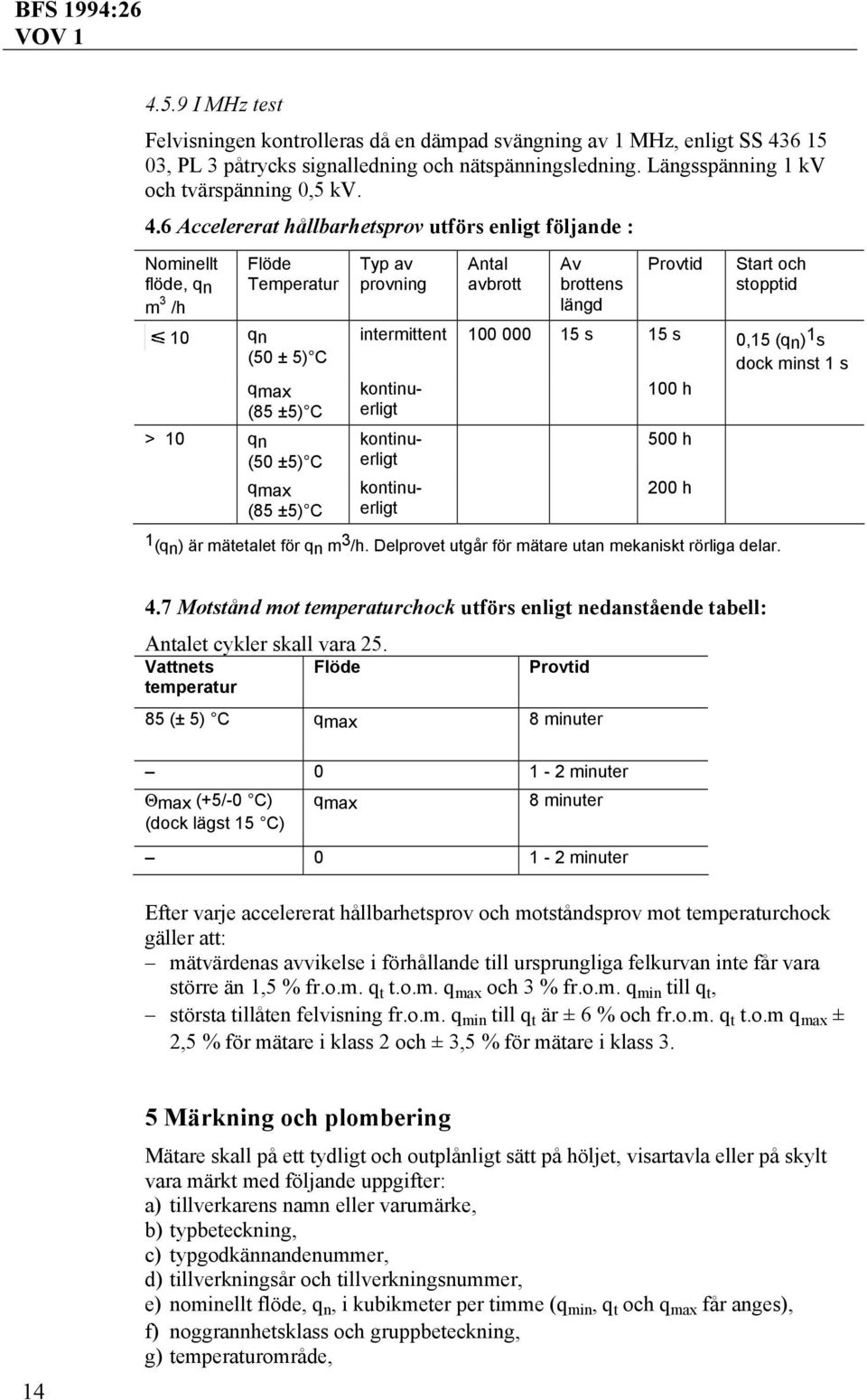 6 Accelererat hållbarhetsprov utförs enligt följande : Nominellt flöde, qn m 3 /h Flöde Temperatur 10 qn (50 ± 5) C qmax (85 ±5) C > 10 qn (50 ±5) C qmax (85 ±5) C Typ av provning Antal avbrott Av