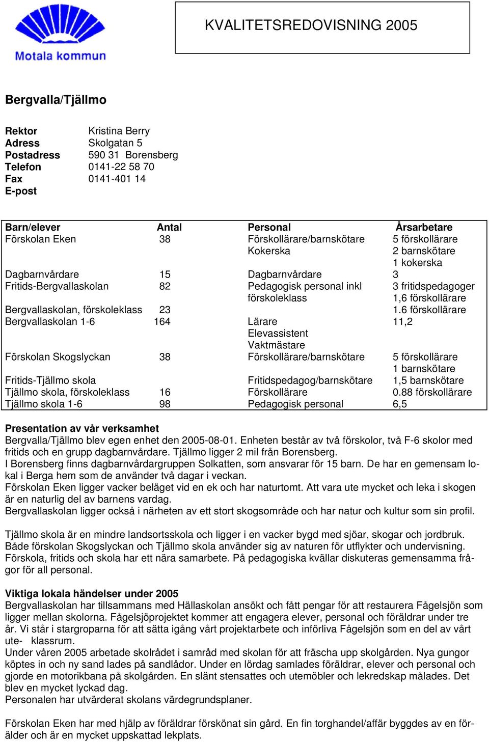 fritidspedagoger 1,6 förskollärare Bergvallaskolan, förskoleklass 23 1.