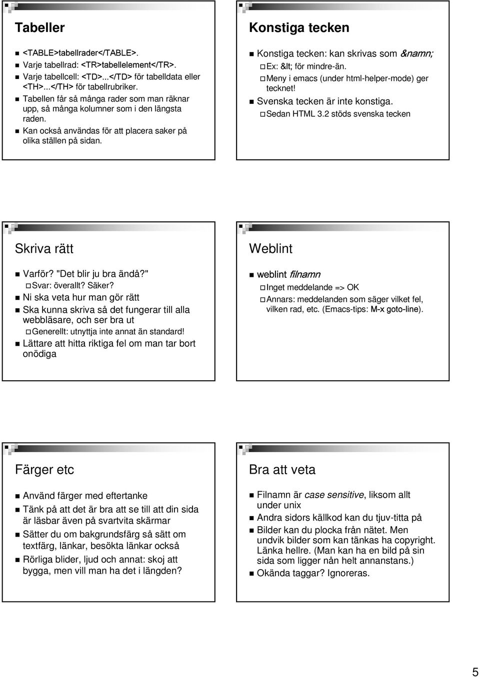 . Konstiga tecken Konstiga tecken: kan skrivas som Ex: ] för mindre-än. Meny i emacs (under html-helper-mode) ger tecknet! Svenska tecken är inte konstiga. Sedan HTML 3.