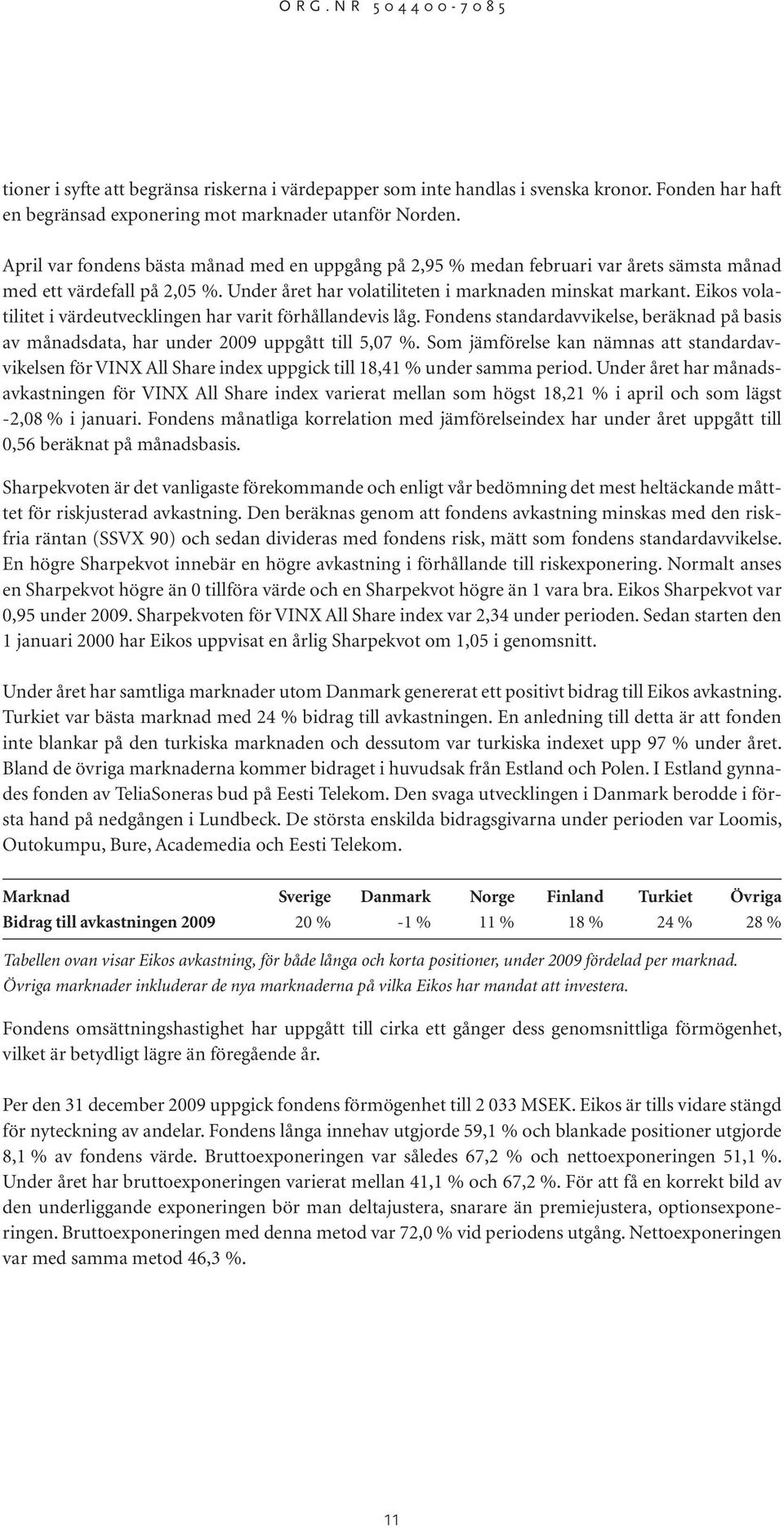 Eikos volatilitet i värdeutvecklingen har varit förhållandevis låg. Fondens standardavvikelse, beräknad på basis av månadsdata, har under 2009 uppgått till 5,07 %.