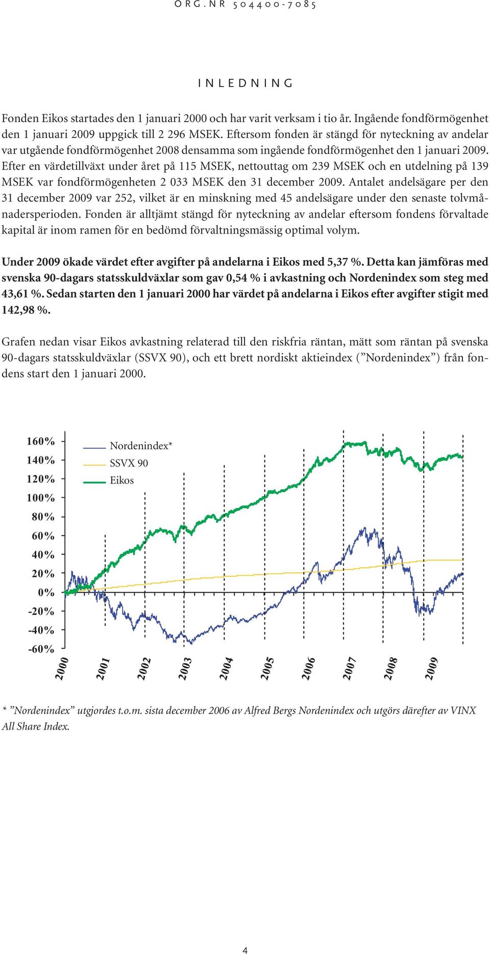 Efter en värdetillväxt under året på 115 MSEK, nettouttag om 239 MSEK och en utdelning på 139 MSEK var fondförmögenheten 2 033 MSEK den 31 december 2009.