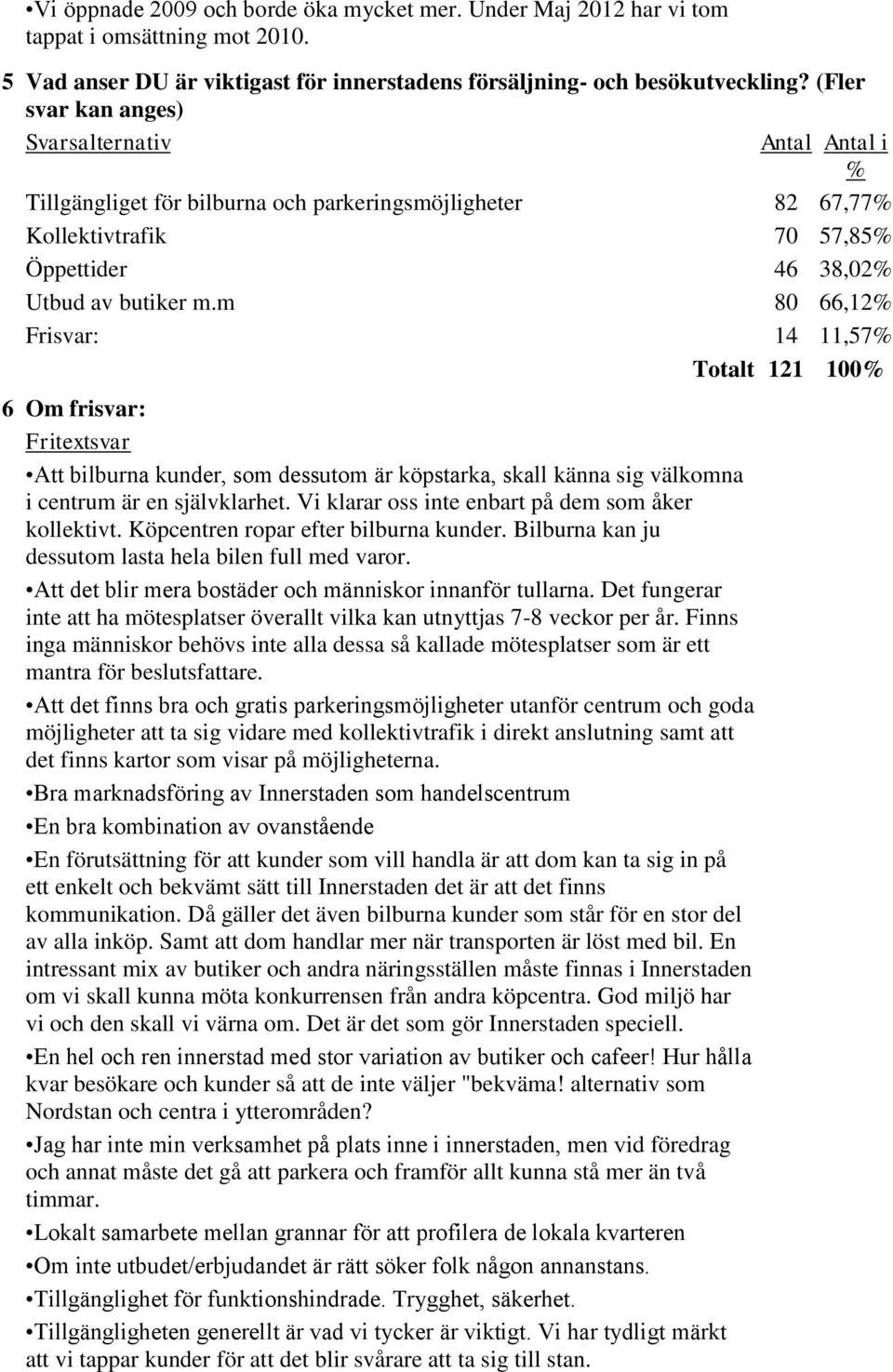 m 80 66,12 Frisvar: 14 11,57 Totalt 121 100 6 Om frisvar: Att bilburna kunder, som dessutom är köpstarka, skall känna sig välkomna i centrum är en självklarhet.