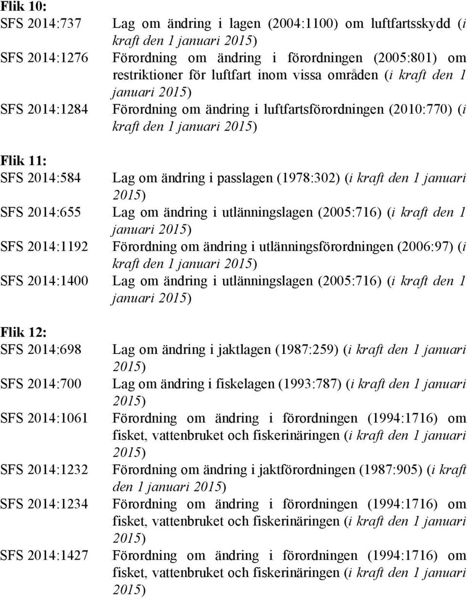 (1978:302) (i kraft den 1 januari 2015) SFS 2014:655 Lag om ändring i utlänningslagen (2005:716) (i kraft den 1 januari 2015) SFS 2014:1192 Förordning om ändring i utlänningsförordningen (2006:97) (i