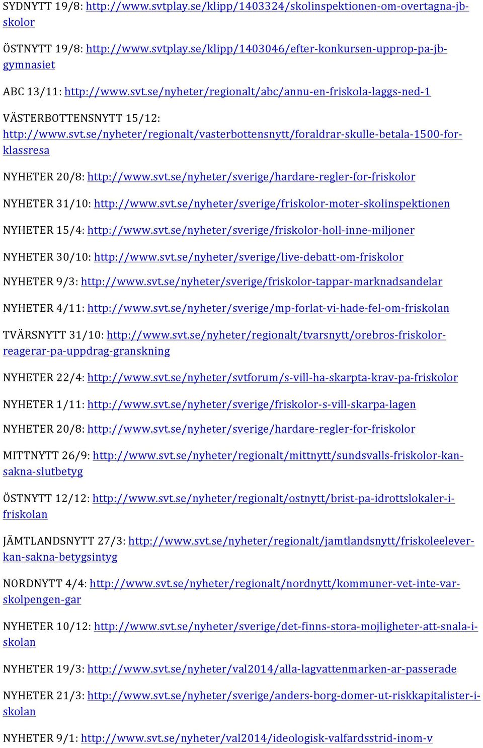 svt.se/nyheter/sverige/hardare- regler- for- friskolor NYHETER 31/10: http://www.svt.se/nyheter/sverige/friskolor- moter- skolinspektionen NYHETER 15/4: http://www.svt.se/nyheter/sverige/friskolor- holl- inne- miljoner NYHETER 30/10: http://www.