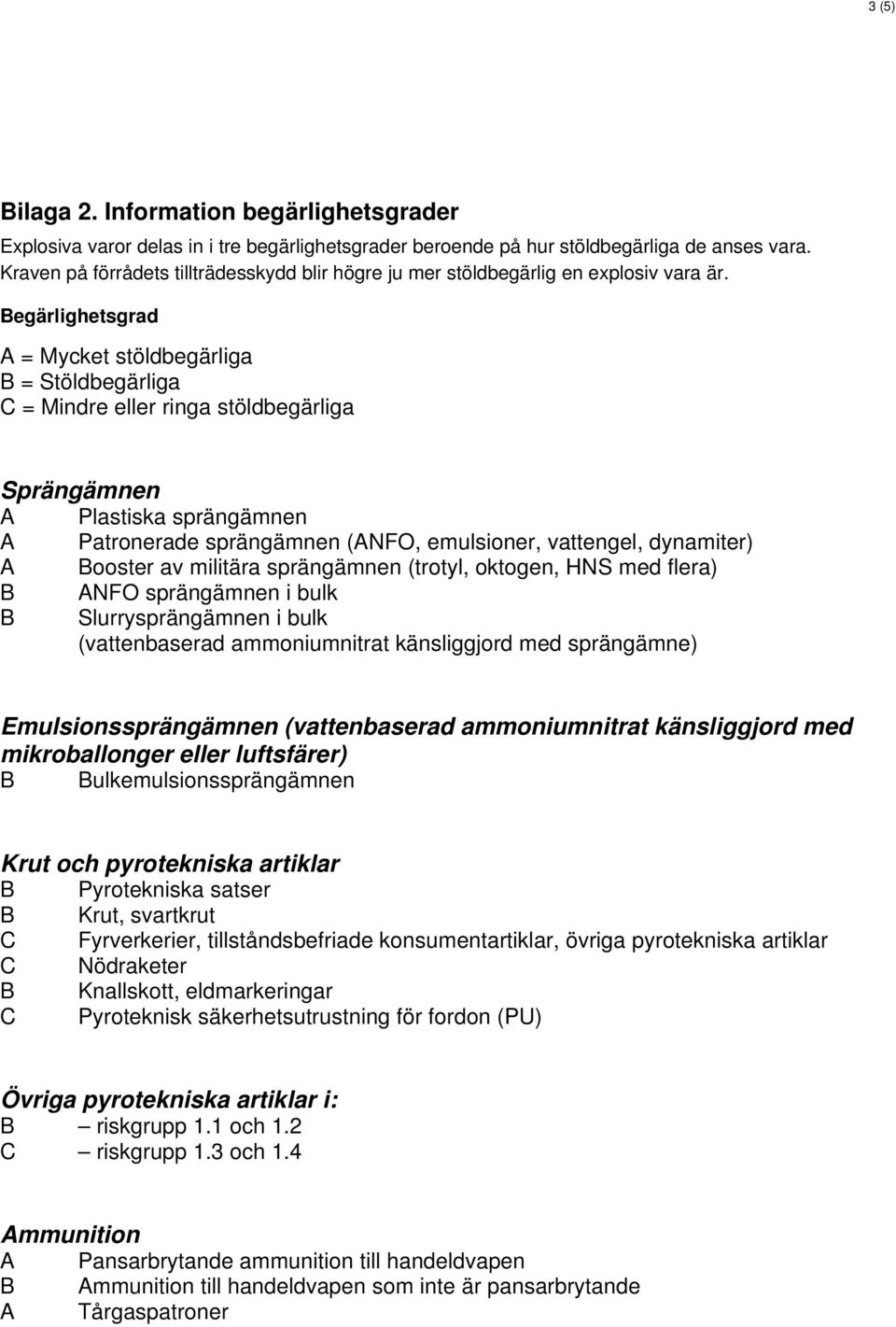 Begärlighetsgrad = Mycket stöldbegärliga B = Stöldbegärliga C = Mindre eller ringa stöldbegärliga Sprängämnen Plastiska sprängämnen Patronerade sprängämnen (NFO, emulsioner, vattengel, dynamiter)